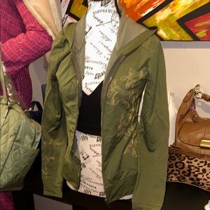 Roxy Olive Green Zip-Up Hoodie with Embroidered Floral Accents